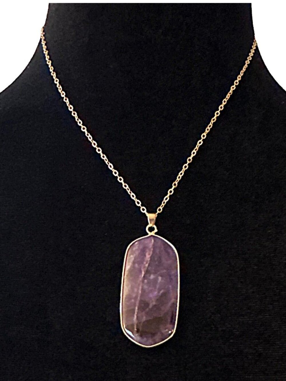 Natural Quartz Amythest Pendant Necklace Purple Gold Tone Adjustable Length
